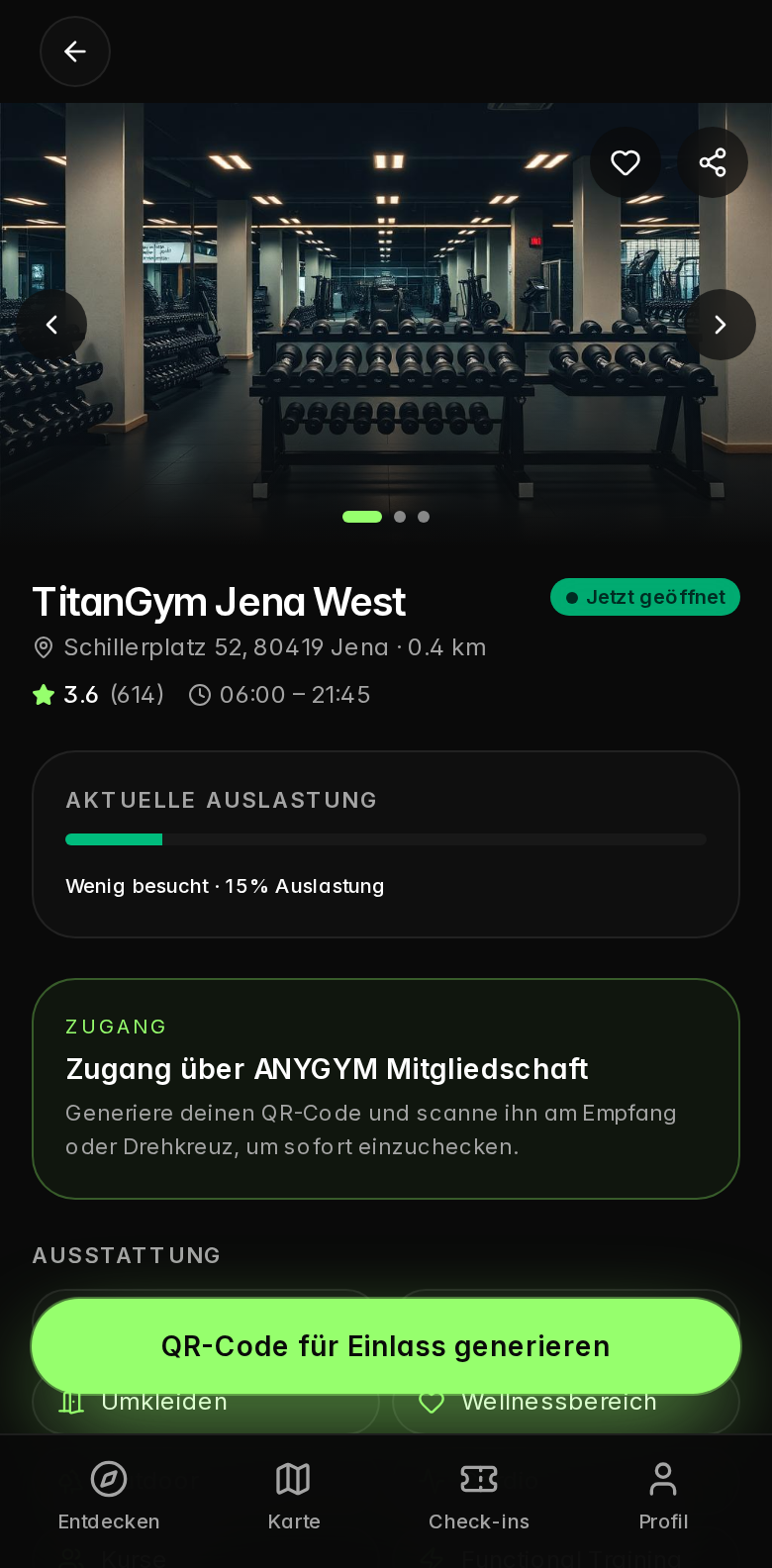 Echte ANYGYM Demo: Studiodetails mit Zugang