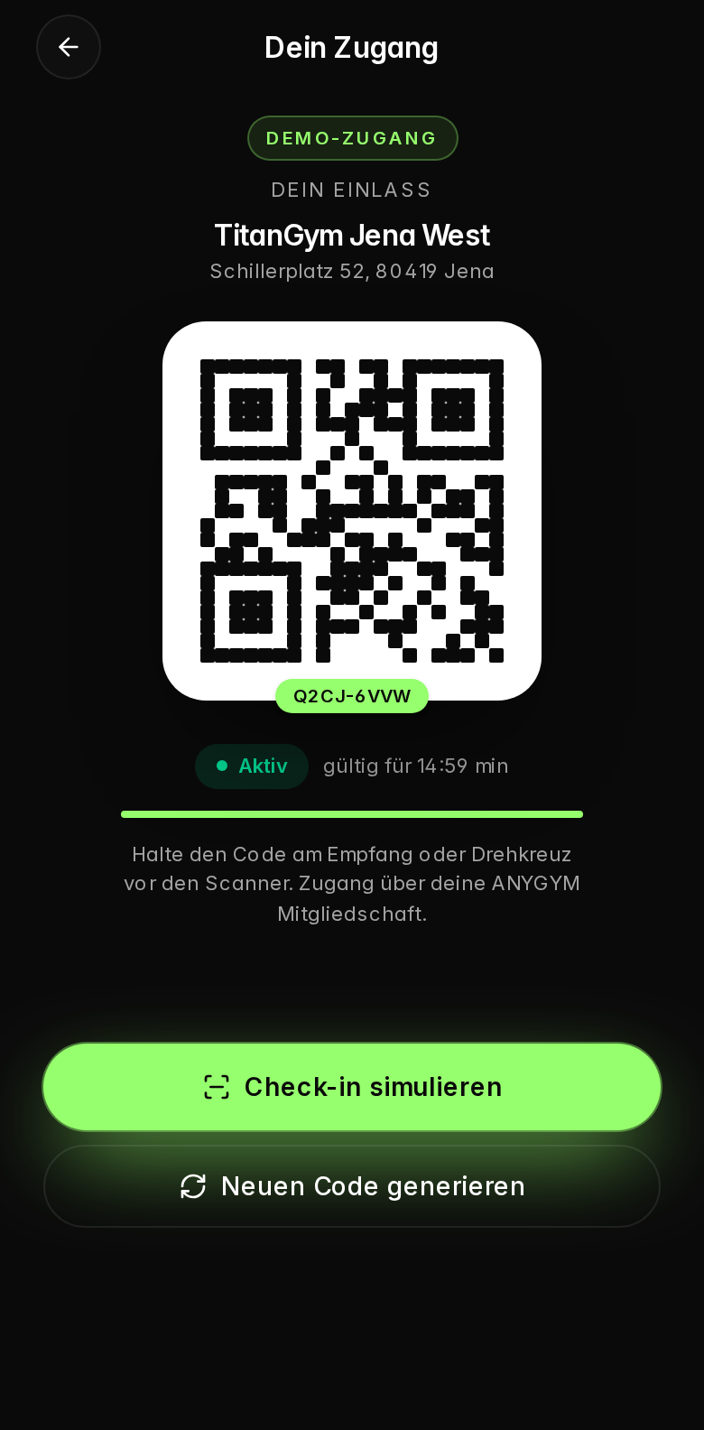 Echte ANYGYM Demo: Per QR-Code einchecken
