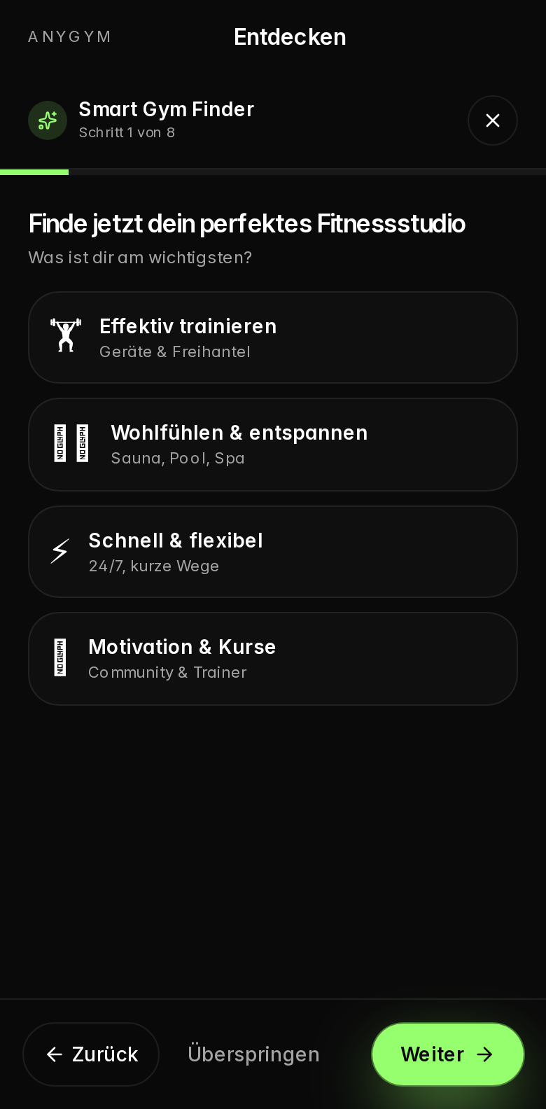 Echte ANYGYM Demo: Passende Gyms finden