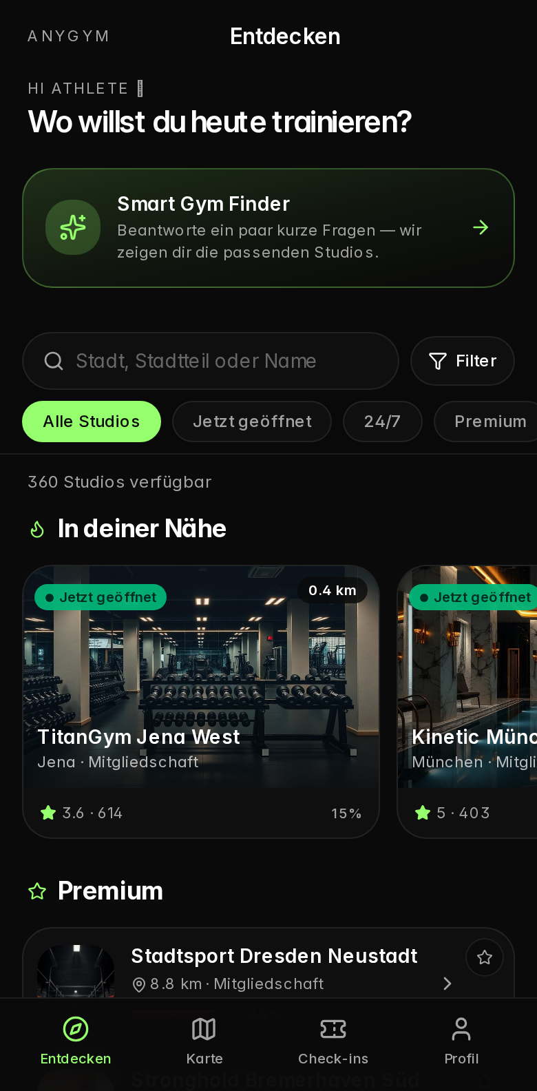 Echte ANYGYM Demo: Studios entdecken