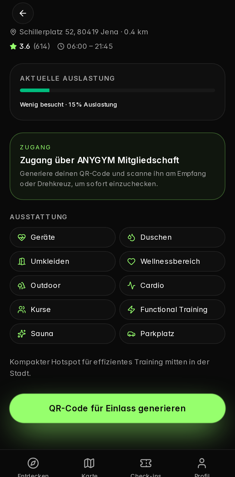 Echte ANYGYM Demo: Zugang wählen
