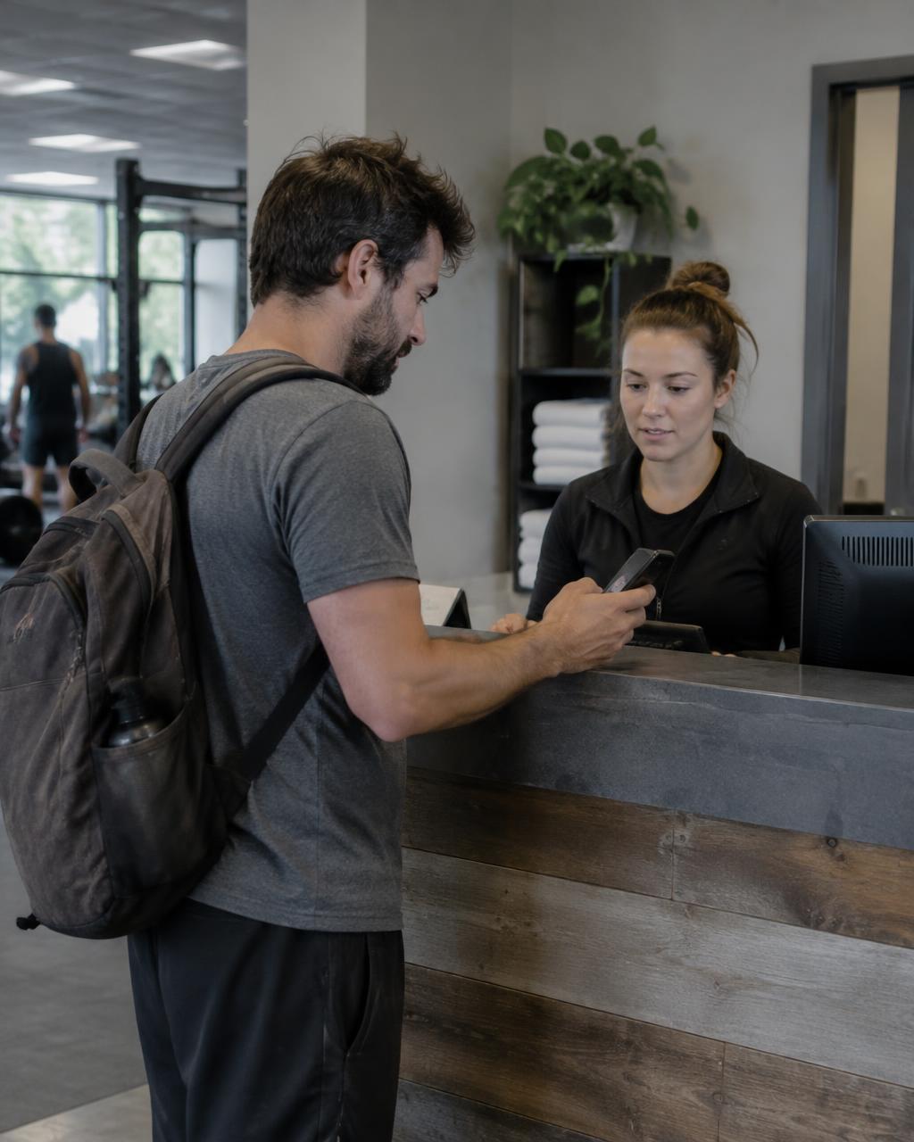 Check-in per Smartphone am Empfang eines Fitnessstudios